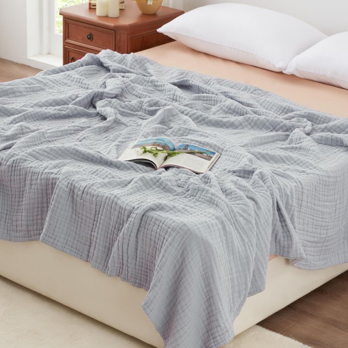 Love's Cabin 6 Layer Cotton Muslin Blanket, Queen Size, Bluish Grey