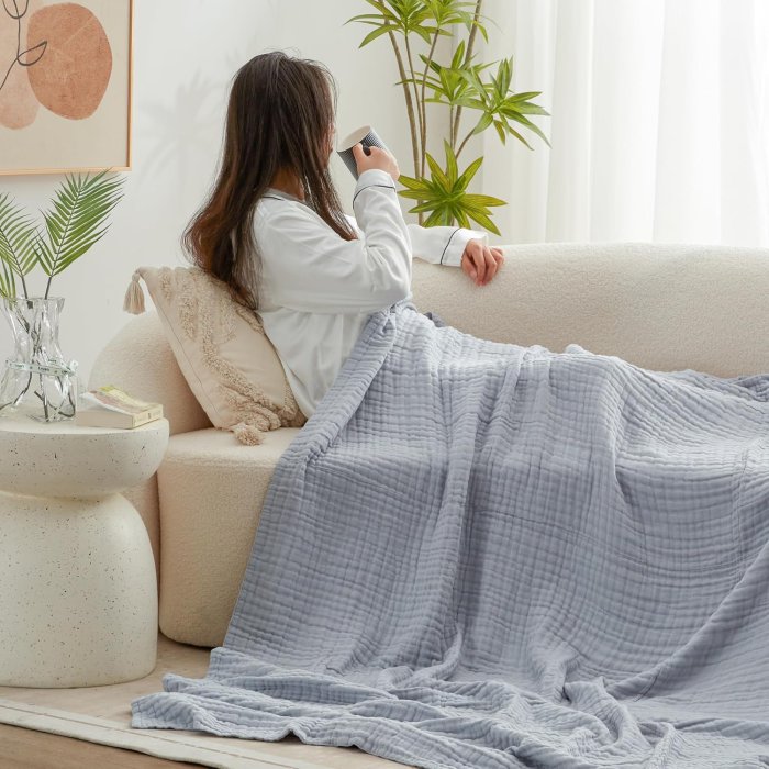Love's Cabin 6 Layer Cotton Muslin Blanket, Queen Size, Bluish Grey (image 3)