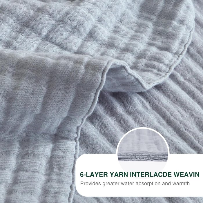 Love's Cabin 6 Layer Cotton Muslin Blanket, Queen Size, Bluish Grey (image 4)