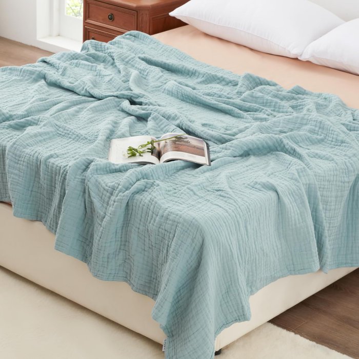 Love's Cabin 6 Layer Cotton Muslin Blanket, Queen Size, Cyan