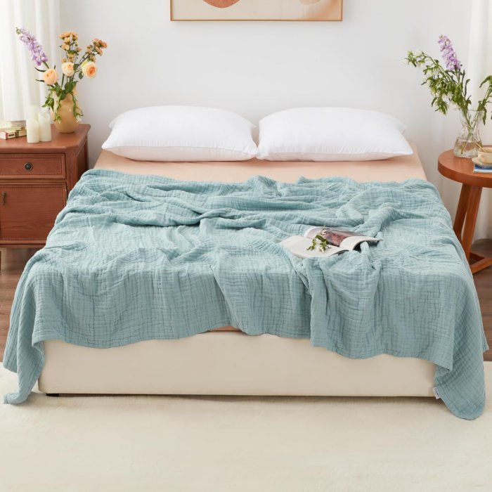 Love's Cabin 6 Layer Cotton Muslin Blanket, Queen Size, Cyan (image 2)