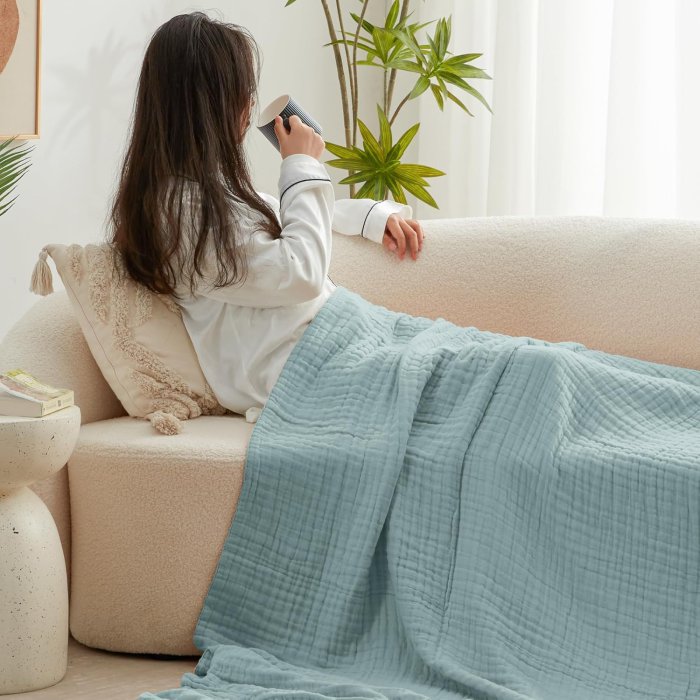 Love's Cabin 6 Layer Cotton Muslin Blanket, Queen Size, Cyan (image 3)