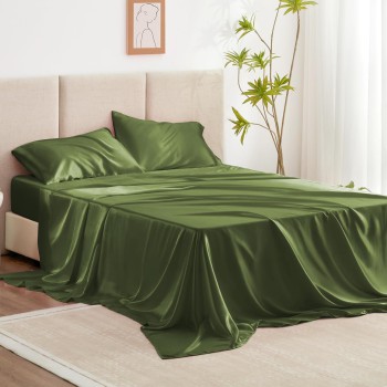 Love's cabin Satin Queen Bed Sheet Set - Sage, 4 Piece
