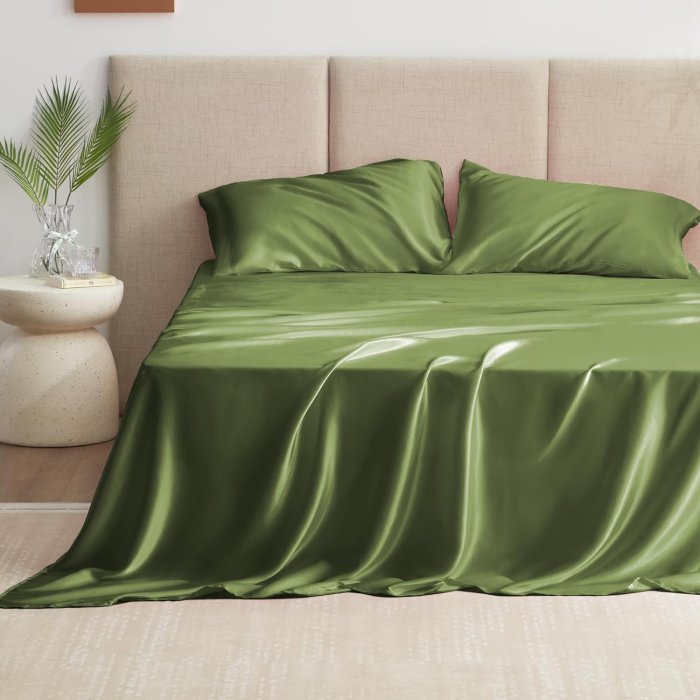 Love's cabin Satin Queen Bed Sheet Set - Sage, 4 Piece (image 2)
