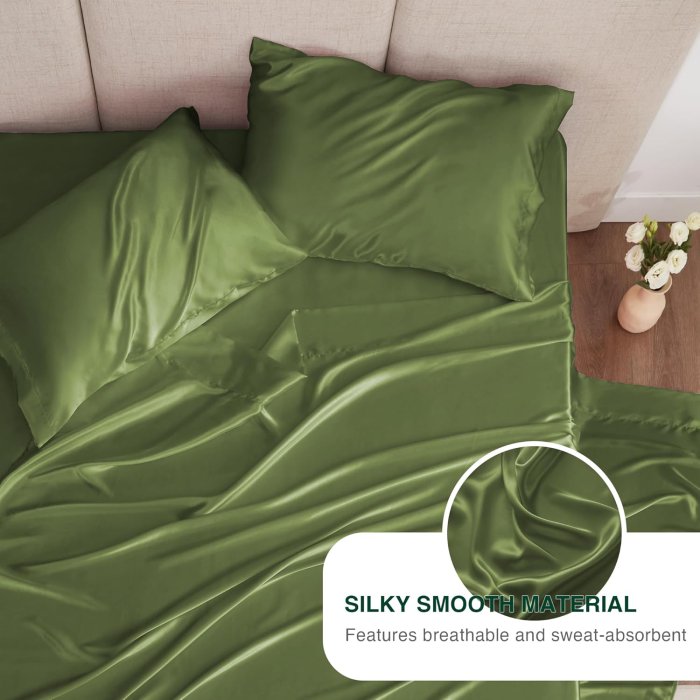Love's cabin Satin Queen Bed Sheet Set - Sage, 4 Piece (image 4)