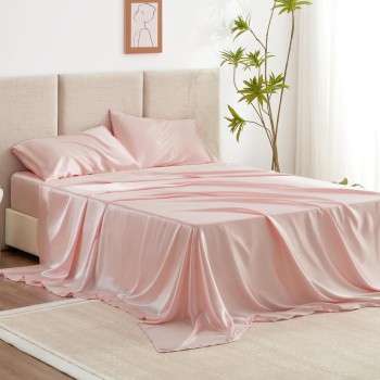 Love's cabin Satin Queen Sheets Set - Coral Silky Satin Bed Sheets Queen Set
