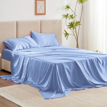 Love's Cabin Satin Queen Sheets Set - Sky Blue Silky Satin Bed Sheets Set