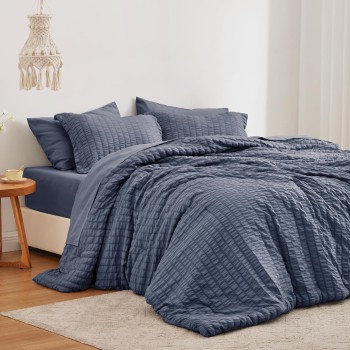 Love's Cabin Seersucker Navy Blue Twin Comforter Set - 5 Piece