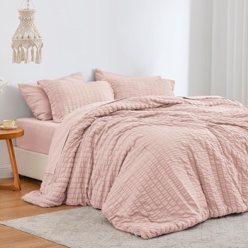 Love's Cabin Seersucker Pink Queen Comforter Set - 7 Pieces