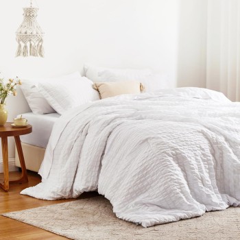 Love's Cabin Seersucker White Queen Comforter Set 7 Pieces